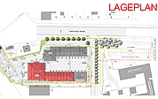 Von der Hamburger Straße aus gesehen soll der Erweiterungsbau (rot) hinter der bestehenden Feuerwache-Süd errichtet werden. Parkplätze für die Einsatzkräfte sind rechts von der Zufahrtsstraße geplant. (Grafik: Butzlaff Tewes Architekten+Ingenieure)
