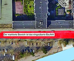 Im rot gekennzeichneten Bereich geht für den Fahrzeugverkehr nichts mehr. Gesperrt wird auch der südliche Radweg, der sich auf der Fahrbahn befindet. (Quelle: Stadt Elmshorn)