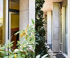 Bei dem Einbruch ins Elmshorner Rathaus warfen der oder die Täter eine Fensterscheibe ein, die sich an der Gebäudefront am Propstenfeld hinter hohen Büschen und einer Säule befindet. (Fotos: Frank)