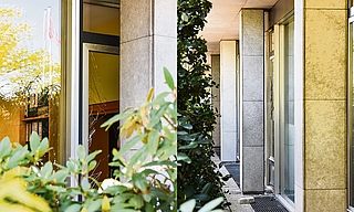 Bei dem Einbruch ins Elmshorner Rathaus warfen der oder die Täter eine Fensterscheibe ein, die sich an der Gebäudefront am Propstenfeld hinter hohen Büschen und einer Säule befindet. (Fotos: Frank)